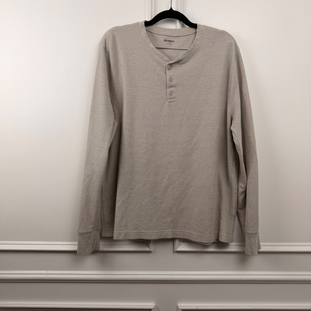 Old Navy Mens Thermal Henley Shirt Oatmeal Beige Waffle Knit XL S/801697-02